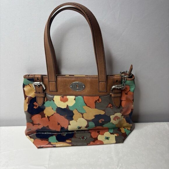 Fossil Handbags - Fossil Key Per Coated Canvas Purse Tote Hand Bag Retro 70s Floral Brown Leather